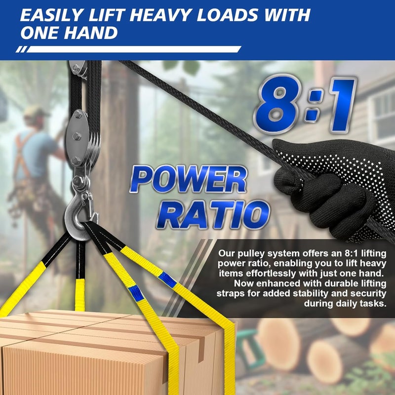 SALIFTFE Block and Tackle Pulley System, Upgraded 4-Wheel Rope Pulley Hoist with 2 Lift Sling Straps, 8:1 Lifting Power, 2200 lbs. WLL with 65Ft of 1/4” Rope, Compact Rope Hoist for Garage and Hunting - Image 2